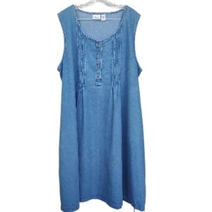 The Vermont Country Store Denim Pintuck Dress 2X Blue Sleeveless Midi